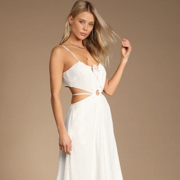 Lulu's‎ Women White Tie-Back Cutout Maxi Dress With Pockets - Picture 2 of 4